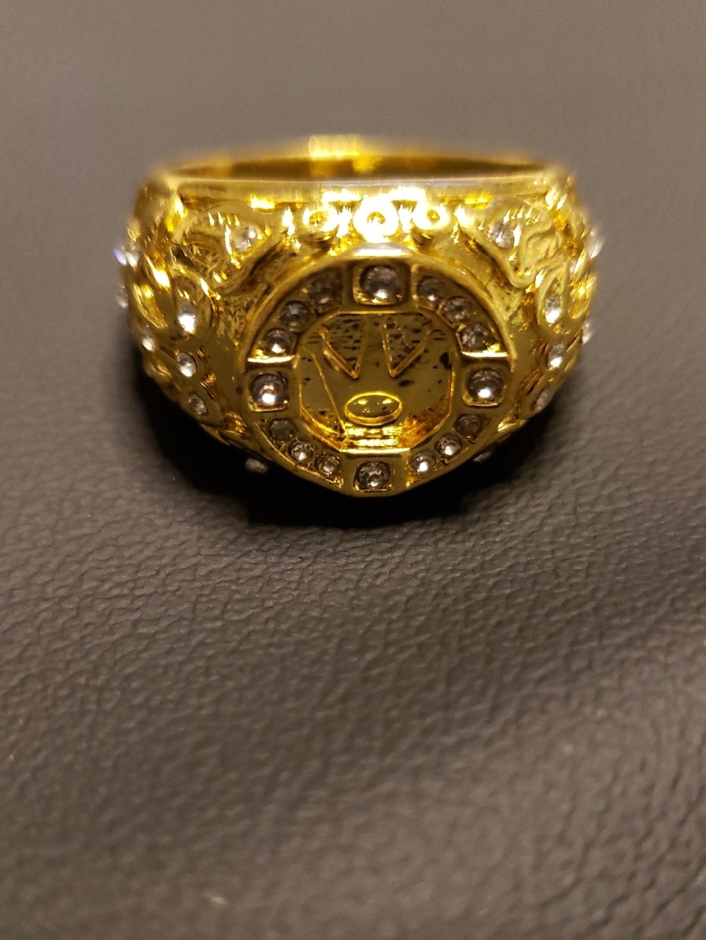 Gold-Tone Crystal Lion Signet Ring